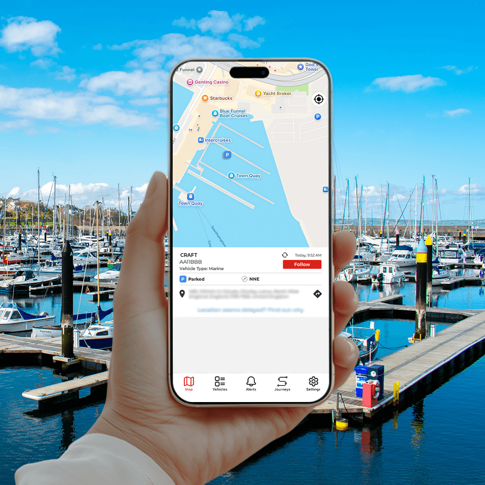 Quantum Marine app showing live boat location in a UK marina